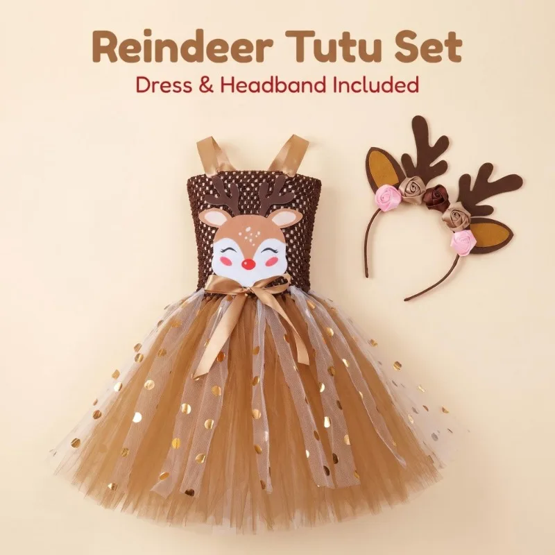 Christmas Elk Themed Princess Tutu Dress Mesh Tulle Fluffy Party Outfit for Holiday Role Play & Stage Performance
