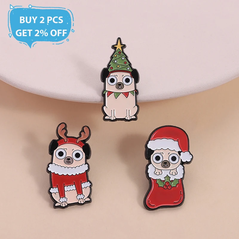 Cute Christmas Dog Enamel Pins Cartoon Pug Puppies In Stockings Funny Festive Pet Brooches Lapel Badge Jewelry Gifts for Friends