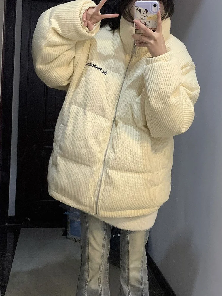 Винтажные вельветовые парки с надписью, женские пышные пальто с воротником-стойкой и длинными рукавами, свободная куртка в американском стиле ретро в консервативном стиле, новинка