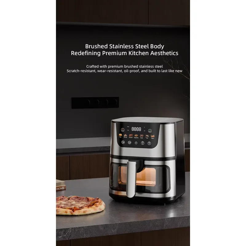 Stainless steel digital air fryer, transparent window, touch screen control 6.1-8 capacity level, energy saving