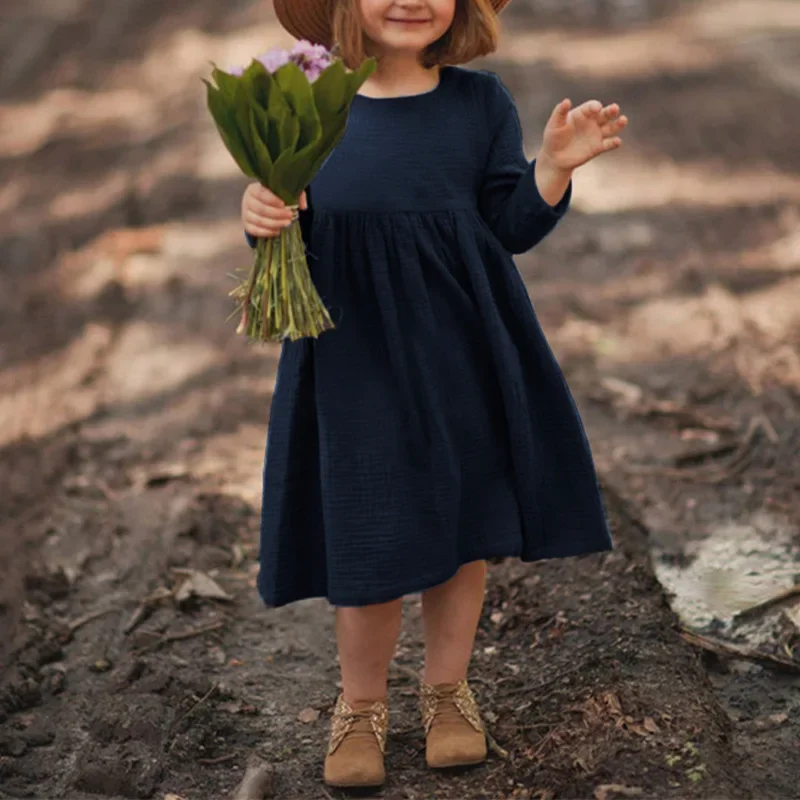 100% Cotton Retro Girl Dress Autumn New Baby Kids Casual And Comfortable Long Sleeve Button-Down Dresses Children Clothing 4