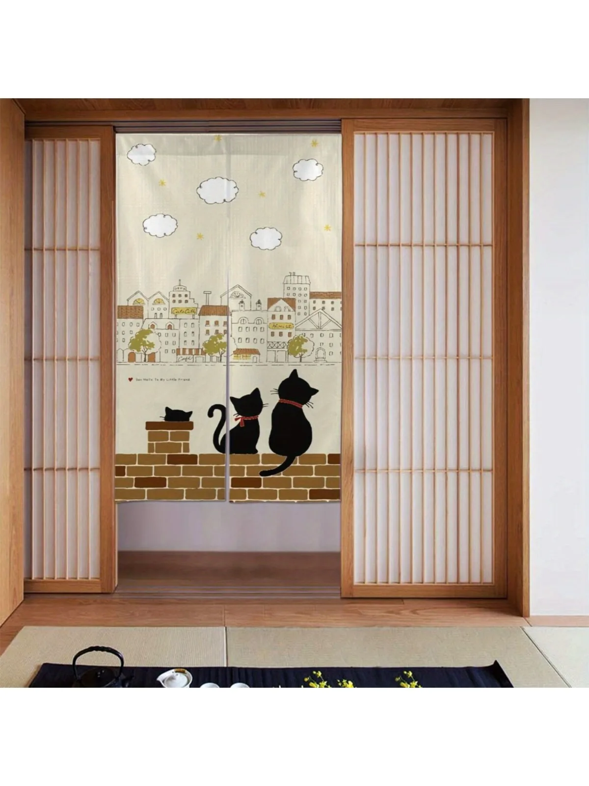Rideau de porte avec motif de chats noirs mignons sur un paysage urbain, décoration de maison de style cartoon, améliore l'esthétique spatiale, peut être utilisé comme séparateur