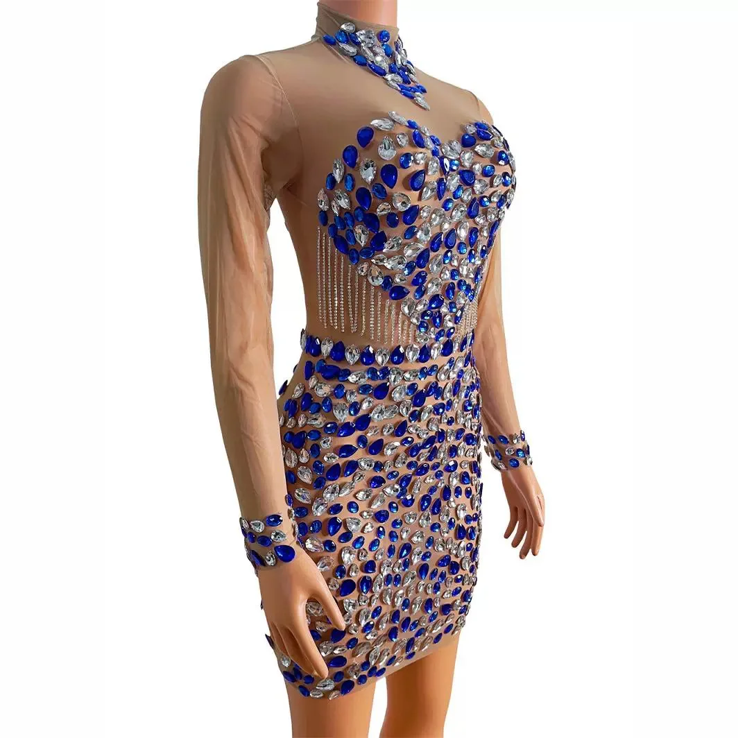 

Sexy mesh hot diamond dress hollow perspective slim-fitting short skirt evening dress stage performance clothes