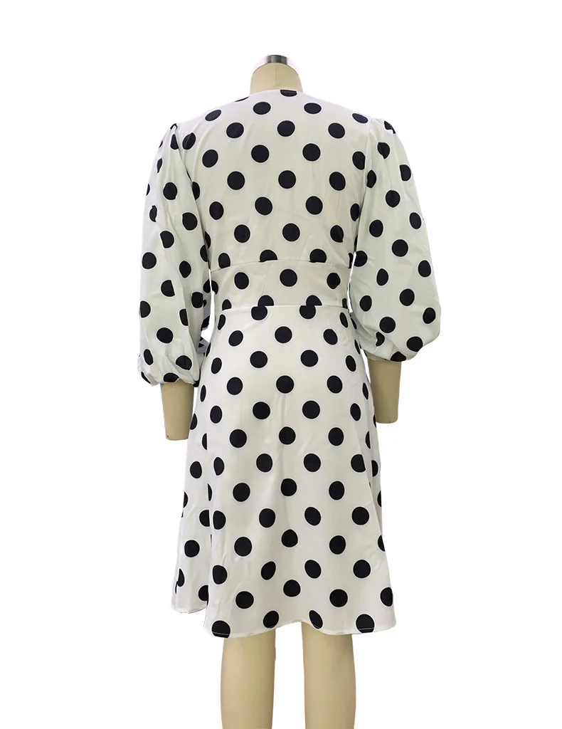 Women Elegant Polka Dot Mini Dress Lady 3/4 Lantern Sleeve Sexy Deep V-Neck High Waist Street Wear Casual Dresses