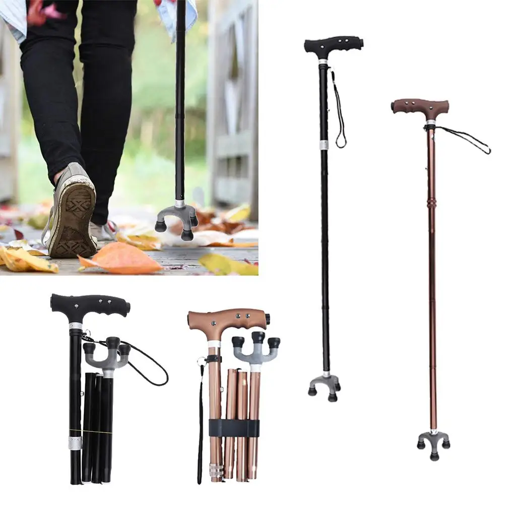 Walking Cane with Replaceable Handle Adjustable Folding Stick LED Light Tripod Base for Elderly and Adults