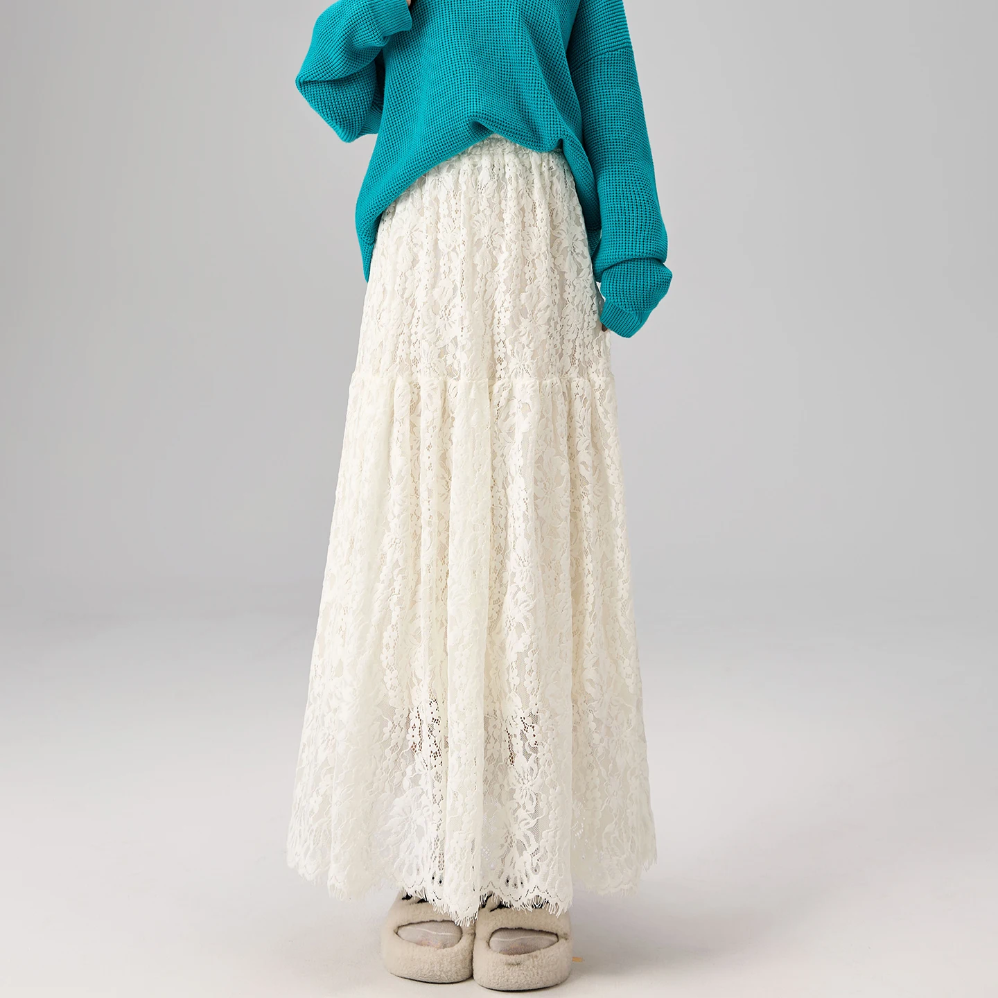 Y2K Lace Skirt Women Crochet Patchwork High Waist A Line Midi Swing Skirt Autumn Winter Slimming