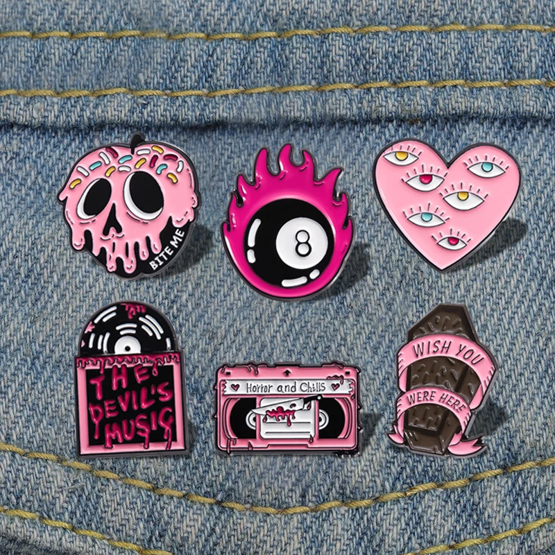 Pink Skull Heart Enamel Pins Custom WISH YOU WERE HERE Brooches Lapel Badges Punk Gothic Jewelry Gift for Kids Friends