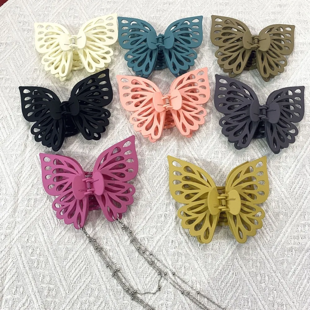 

Large Size Butterfly Tassel Hair Claw Chain Tassel Headwear Hairpins Claws Hollow Out Solid Color Ponytail Claw Clip Women