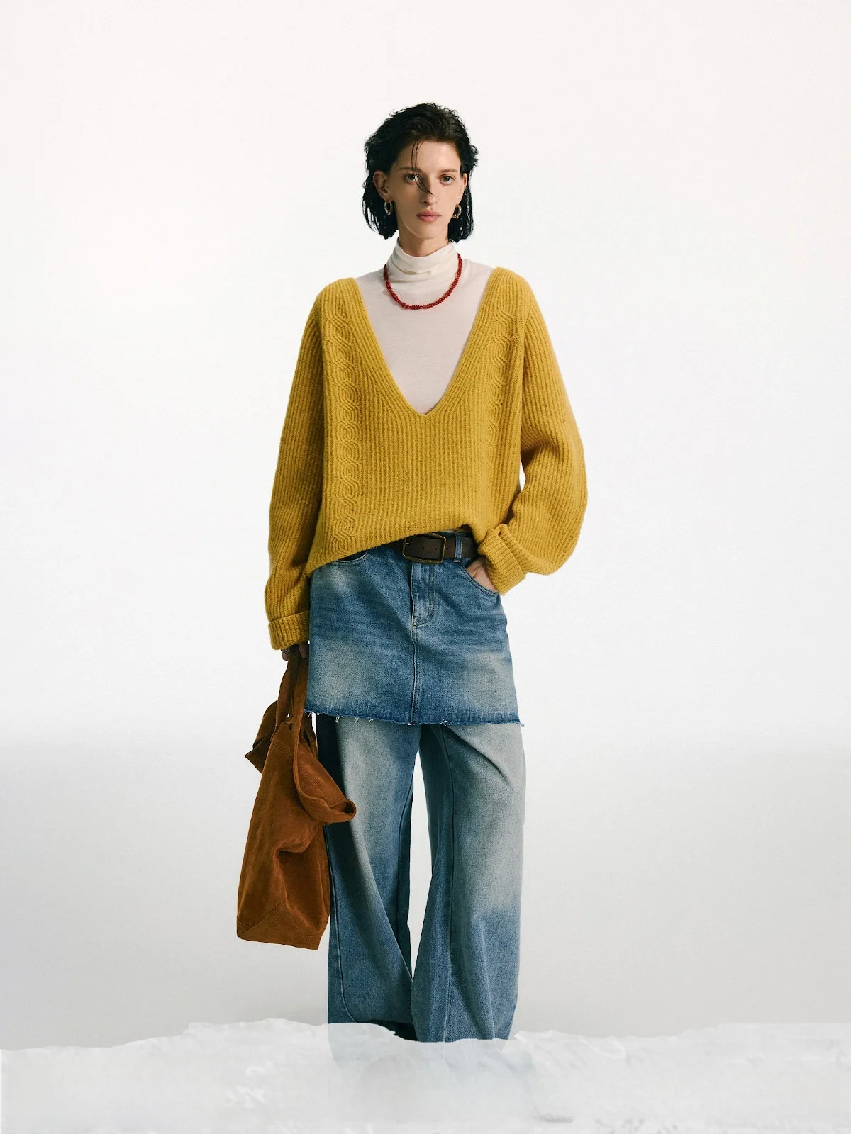 

Женский свитер TearOcean из 100% шерсти с V-образным вырезом, свободного кроя, крупной вязки, желтый, для весеннего сезона, повседневный, комфортный