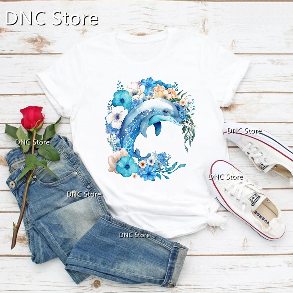 2024 New Women's t-shirt Funny Marine Dolphin Print Femme Tshirt Fashion Casual Women's White Basic Tshirt Tops Wholesale