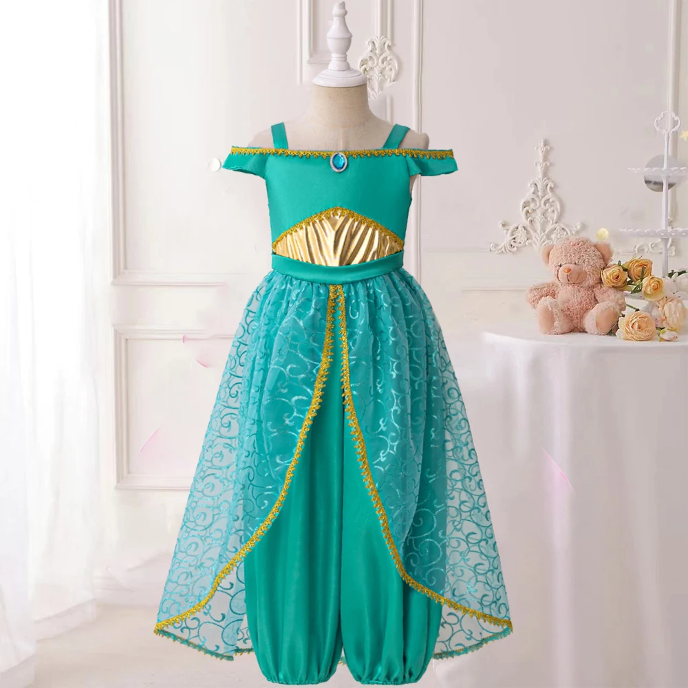 Fancy Girls Jasmine Cosplay Costume Lace Aladdin Princess Dress Magic Lamp Birthday Party Dresses Jasmines Kids Clothing 4-7 Yrs