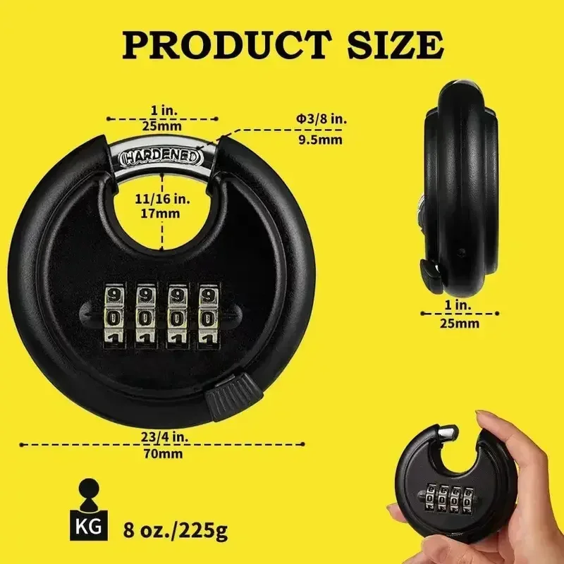 Round Padlocks Stainless Steel Discus Locks 4 Digits Combination Disc Padlock Keyless Heavy Duty Rustproof Locks