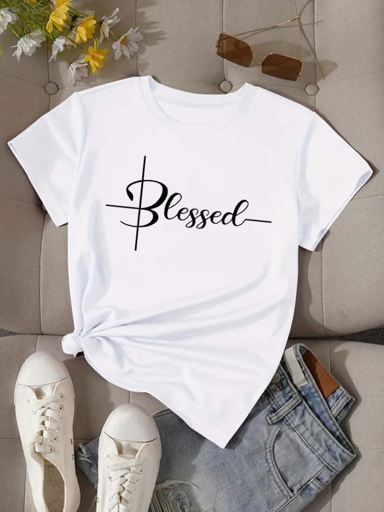 New Funny Women T Shirt Blessed Letter Printed Short Sleeve T-Shirts Casual Streetwear Hip Hop Y2k Clothes Tops