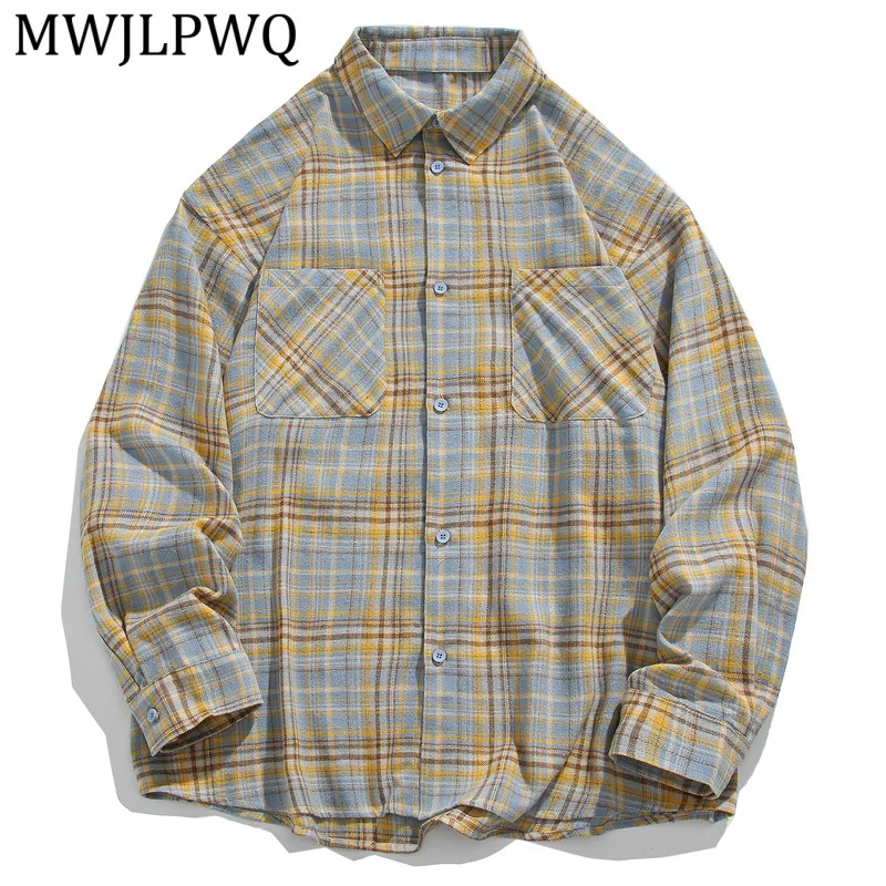 

MWJLPWQ American Retro Brushed Plaid Shirts Men Spliced Pockets Design Vintage Lazy Style Long-Sleeve Tops Spring Autumn 16230
