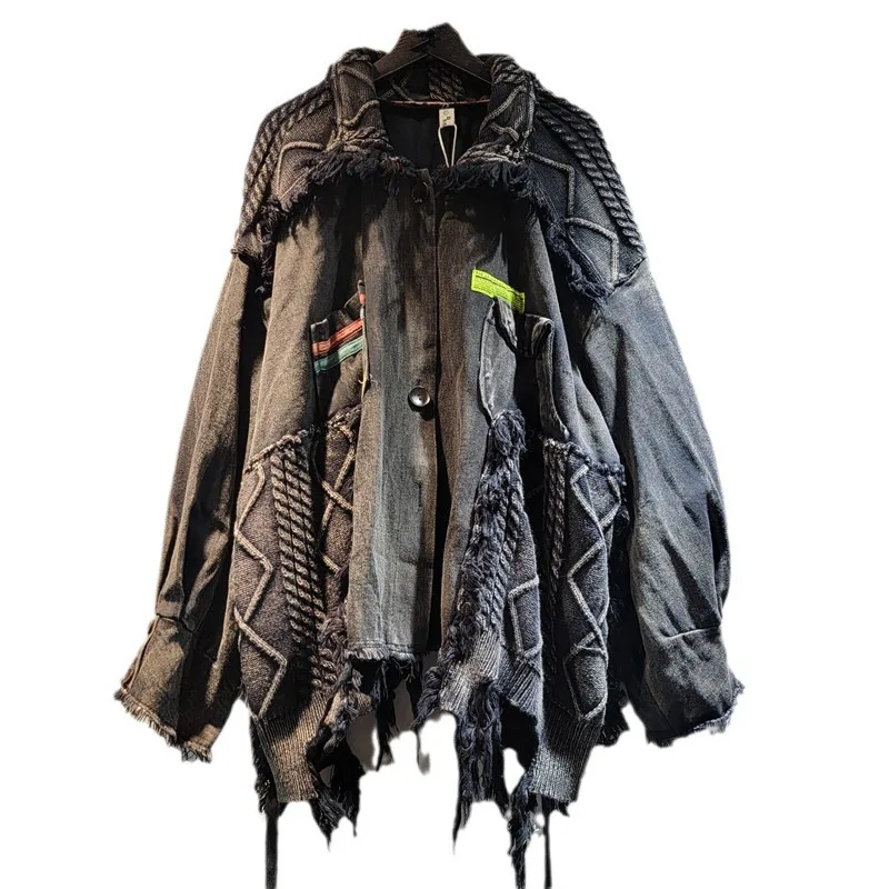 2024 가을 새로운 느슨한 대형 디자인 니트 술 스티치 여성 패션을위한 고민 된 코트를 씻어