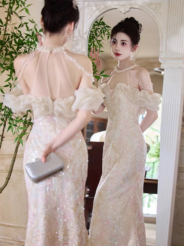 

Champagne Color Evening Gown Elegant Mid-Waist Fish-Tail Skirt Birthday 18th Anniversary Toasting Dress Luxury High-End