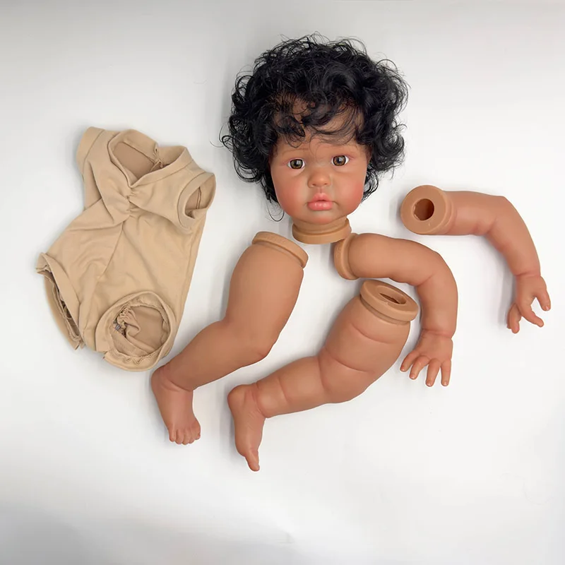 NPK 24'' Handmade Dark Skin Unfinished Reborn Ellie Lifelike Kit Painted Doll Parts with Curly Black Hair