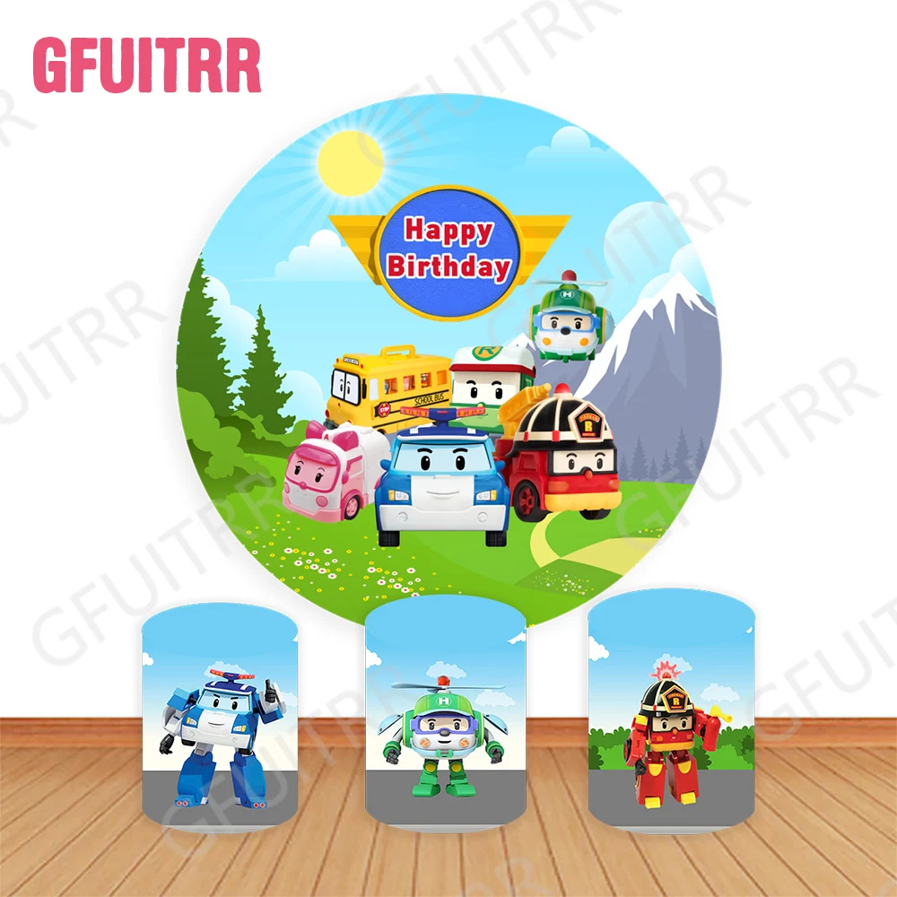 Cartoon Robocar Poli Round Photo Backdrop Kids Baby Shower Cylinder Covers Boys Birthday Party Decoration Photo Props