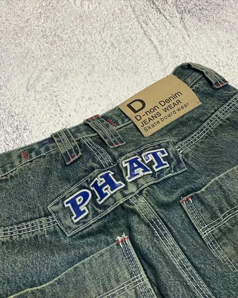 Jeans lavado de cintura alta feminino, padrão de letras clássico americano, botão solto, macacão casual punk, rua alta Harajuku, Y2K masculino