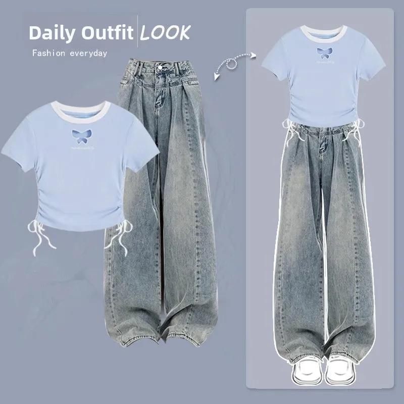 

Летний комплект Spicy Girl 2025: Новинка, дизайнерский комплект из футболки с вырезами и джинсовых брюк с широкими штанинами, модный...