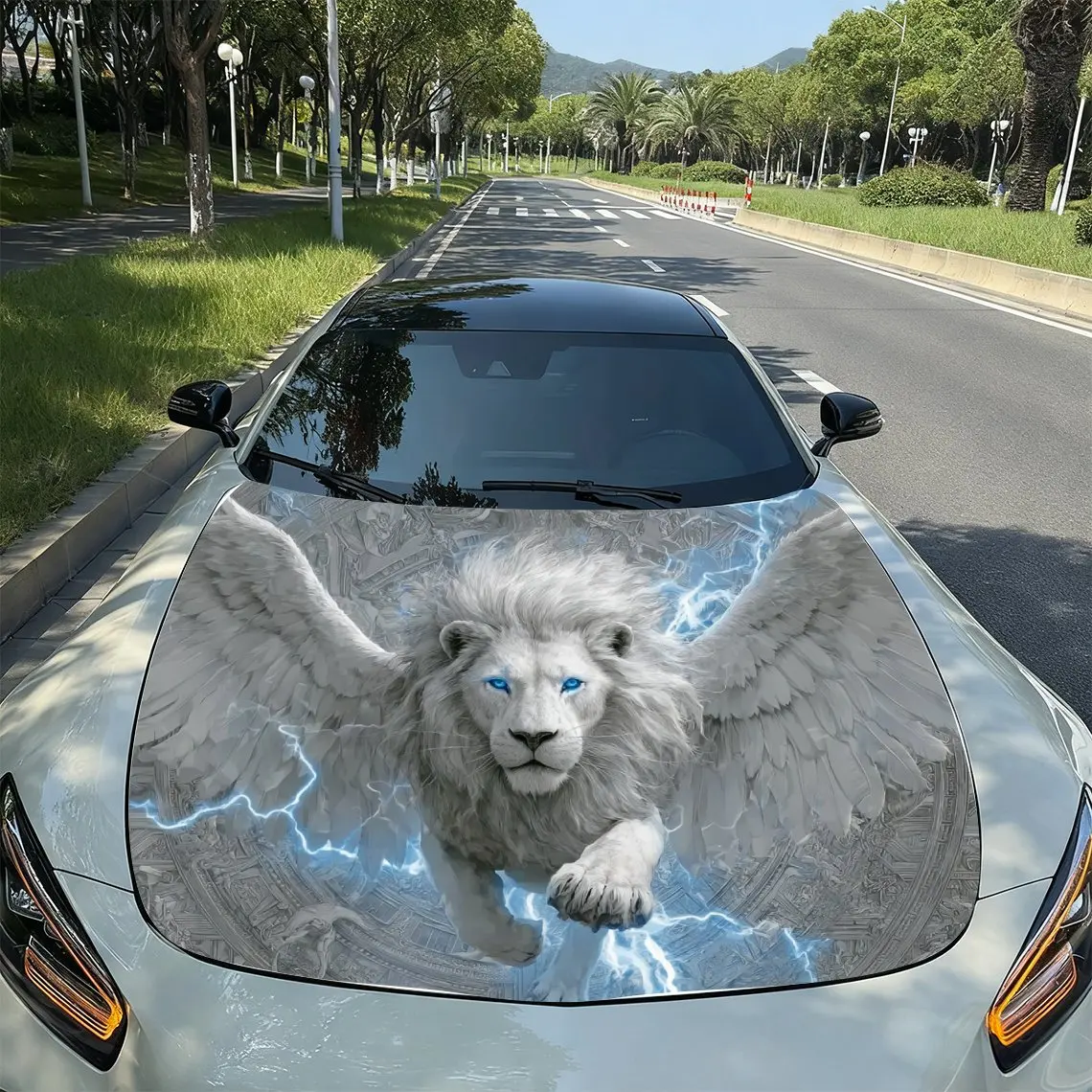 

Lightning Blue Eyes Wings Flying Lion Car Vinyl Packaging, PVC Waterproof Car Hood Stickers, Self-adhesive Scratch Resistant Sti
