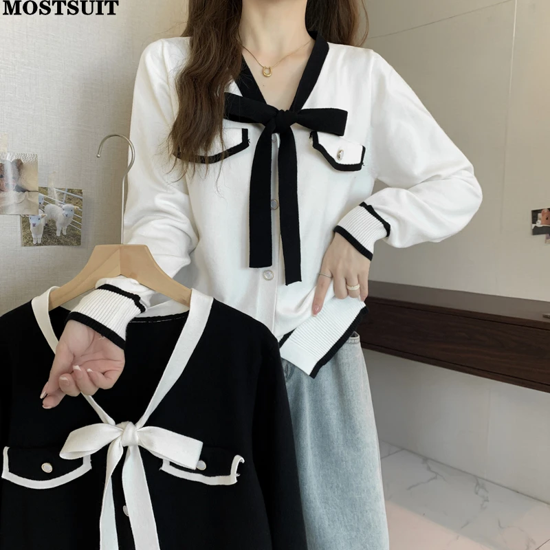 

2026 весенний вязаный свитер с галстуком-бабочкой, кардиган, женский однобортный трикотаж с длинным рукавом, топы, элегантные винтажные модные женские джемперы