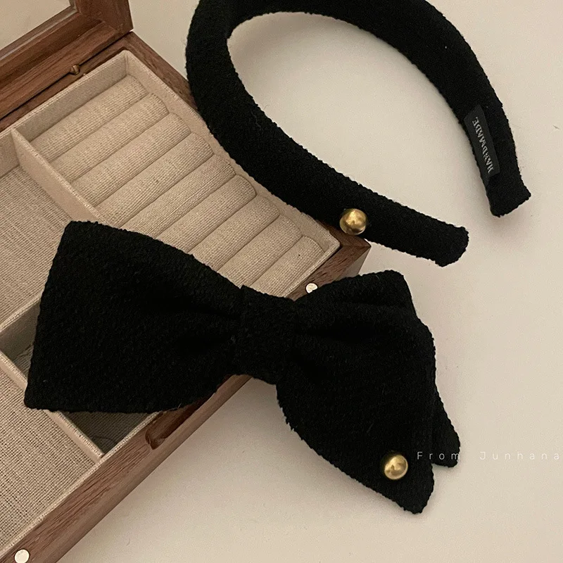 Black Tweed Gold Buckle High-Grade Asymmetric Bow Spring Clip Headband/Hairpin Headband New Hair Accessories