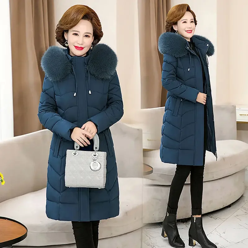 Middle-aged Mother Big fur collar Hooded Winter Jacket Thicken Parkas Plus size Down Cotton Long Coat Warm Snow Outerwear Female