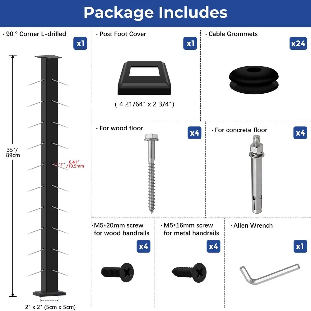 Stainless Steel Corner Post Cable Railing Kit 36" Fixed Top Mount 90° with Cable Grommets Kit Residential Project Solution