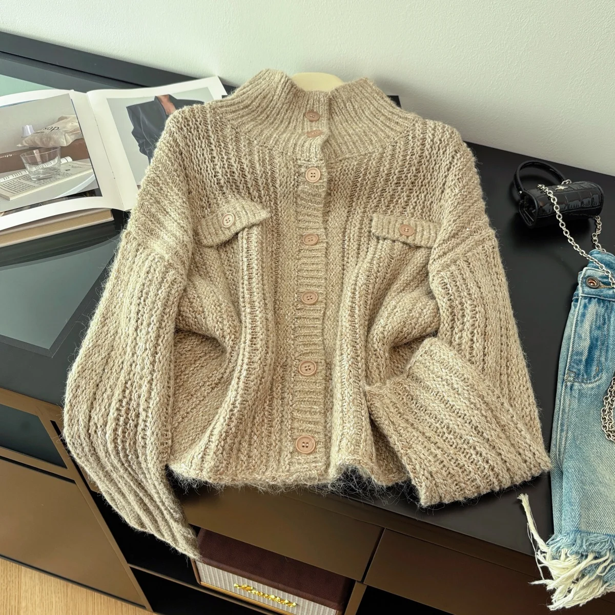 

Women's Apricot Cardigan 2000s Vintage Korean Style Jumper Knit Long Sleeves Turtleneck Cashmere Sweater For Women Spring Autumn