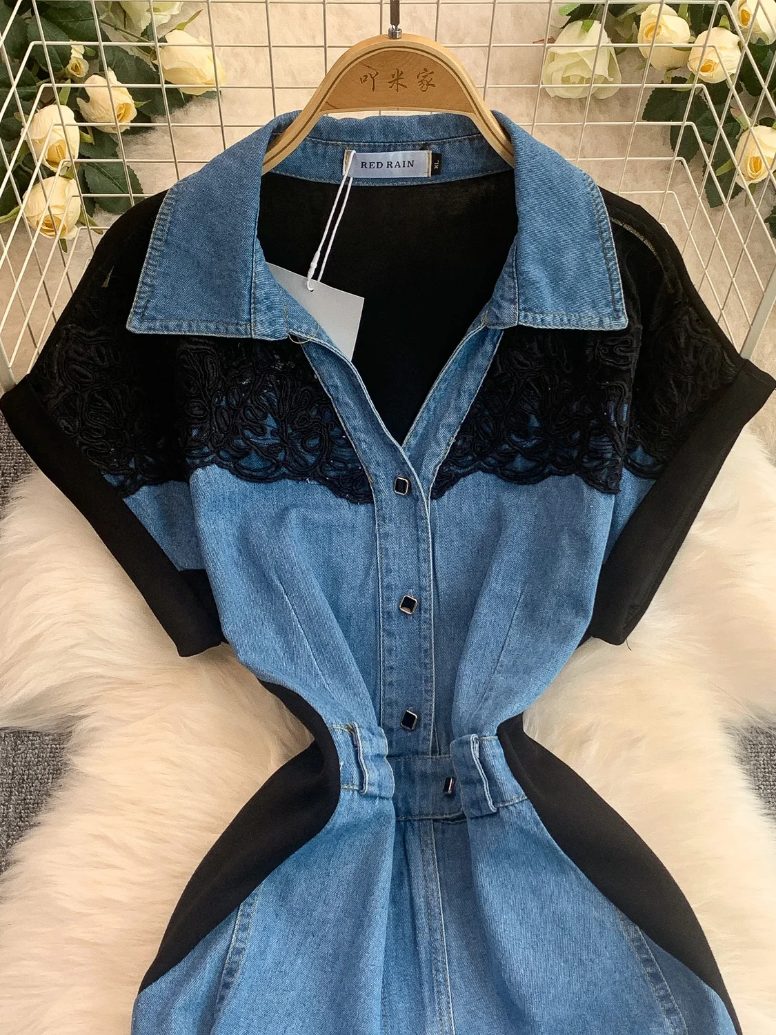 Retro Hong Kong Sle Sexy Lace V-ne ort Sve Dr Women's Summer Denim Patchwork Waist-cinching Slimming Split Long D...