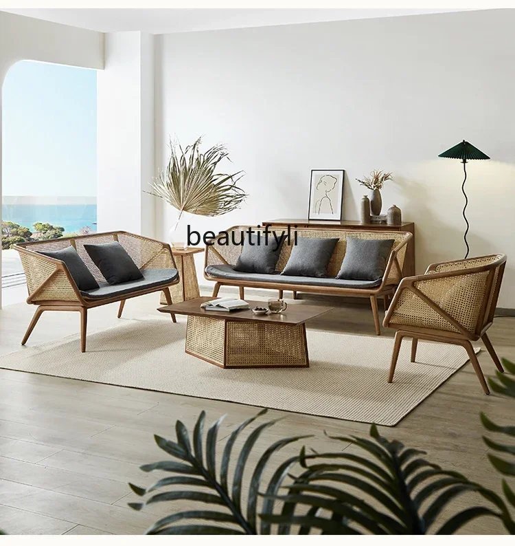 Q181  European-Style Retro Rattan Couch Retro Leisure Area Reception Guest B & B Studio