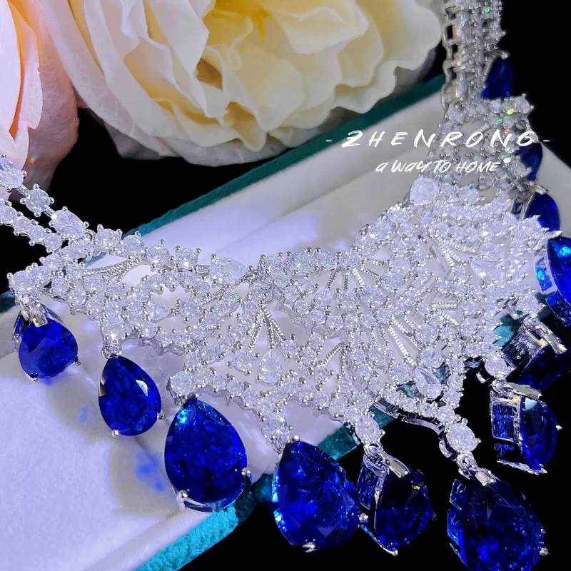 Newly Designed Full-Cut Drop Royal Blue Necklace Bridal Set