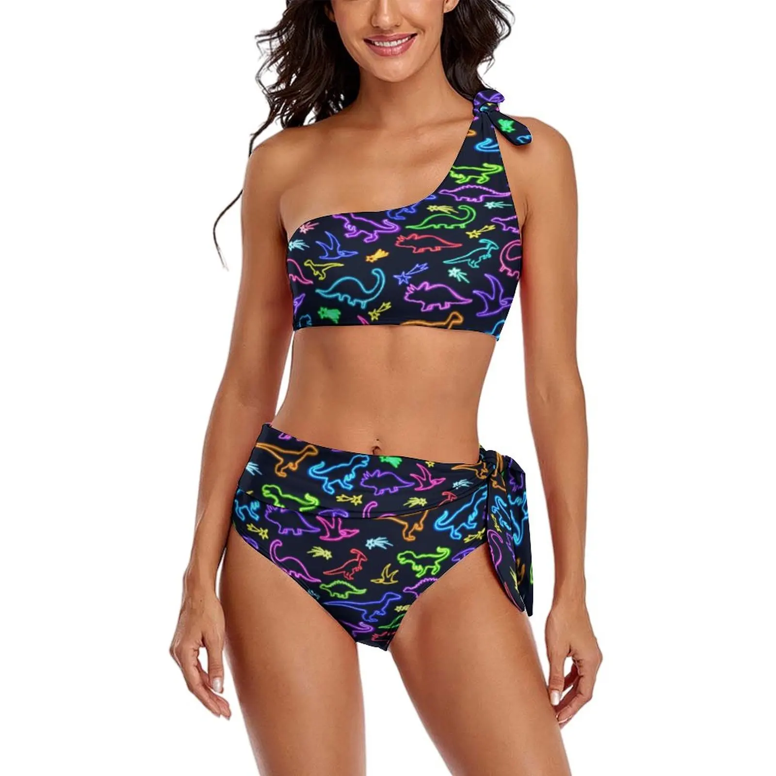 

Neon Dinosaurs Bikini Swimsuit Rainbow Dinosaur Cartoon Pinrt High Waist Swimwear Sexy Bikinis Set Lady Push Up Feminine Bikinis