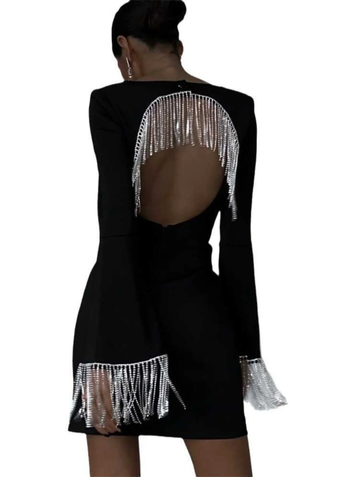 Ele Bla Evening Dr pour femme avec frange et chaîne en diamant Bell Sve Design Sexy ajouré taille haute Polyester S...