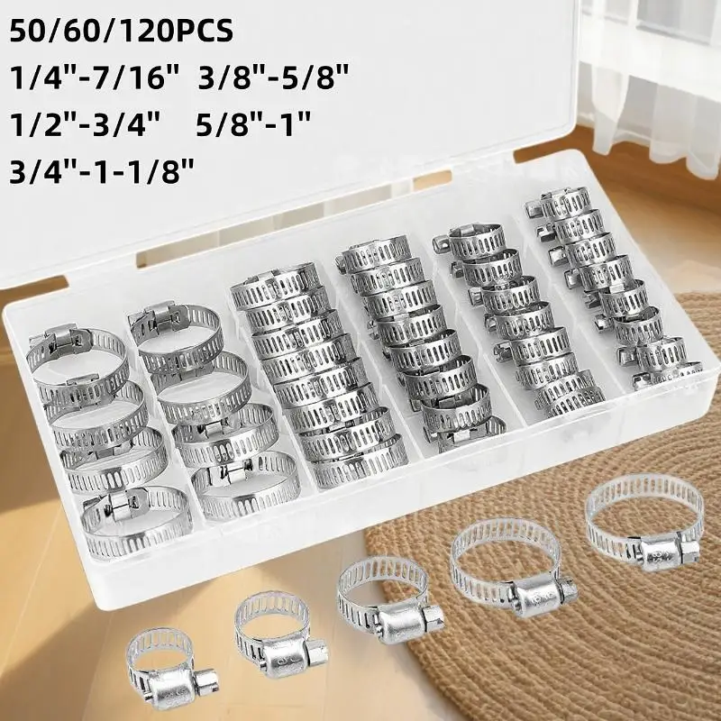 50/60/120Pcs 1/4''–1-1/2'' Worm Gear Clamps Stainless Steel Hose Clamps Assortment Kit For Fuel Line Plumbing Auto Mechanical