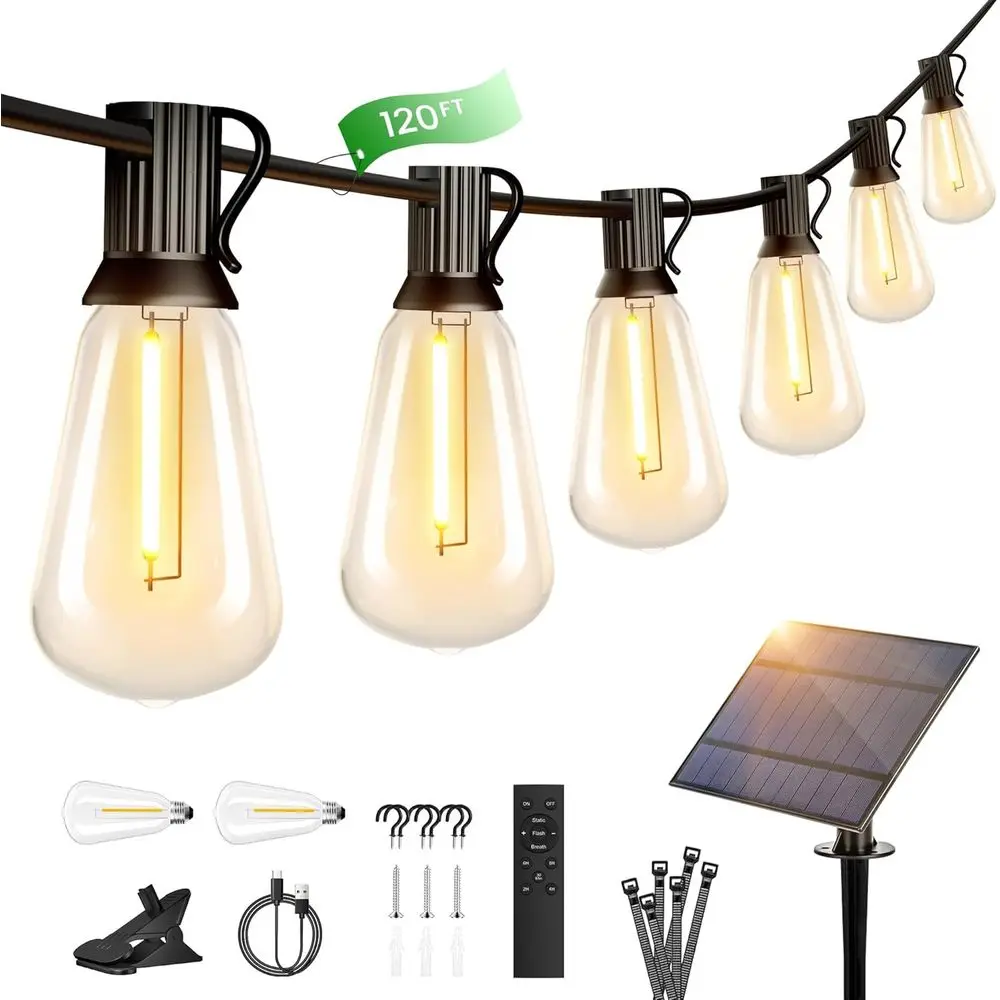 

120ft 2200K Warm White LED String Lights with Remote, 52 Teardrop Bulbs for Patio, Deck, or Outdoor Spaces