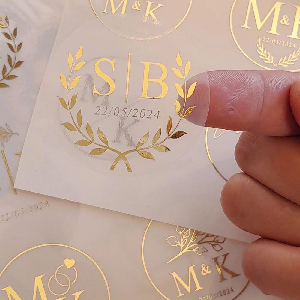 Wedding Transparent Stickers With Foil, 50Pcs Personalized Gold Stickers 3cm~7cm,Envelope Seal Stickers,Thank You Gold Sticker