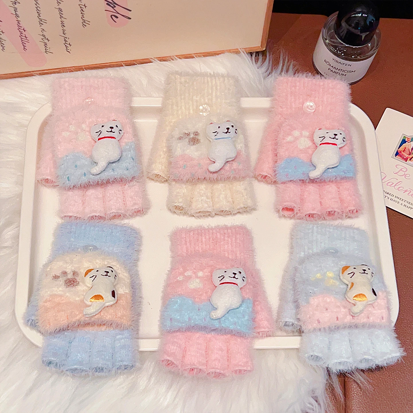 4-7Y Girls Winter 2 in 1 Convertible Flip Gloves Cute 3D Cat Decor Knitted Plush Gloves Kids Paw Print Windproof Thermal Mittens