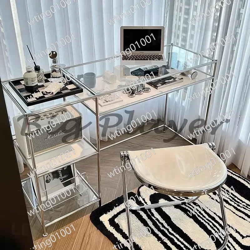 for Medieval Style Stainless Steel Desk with Tempered Glass Top Luxury Writing Table for Home Office Simple Makeup Station
