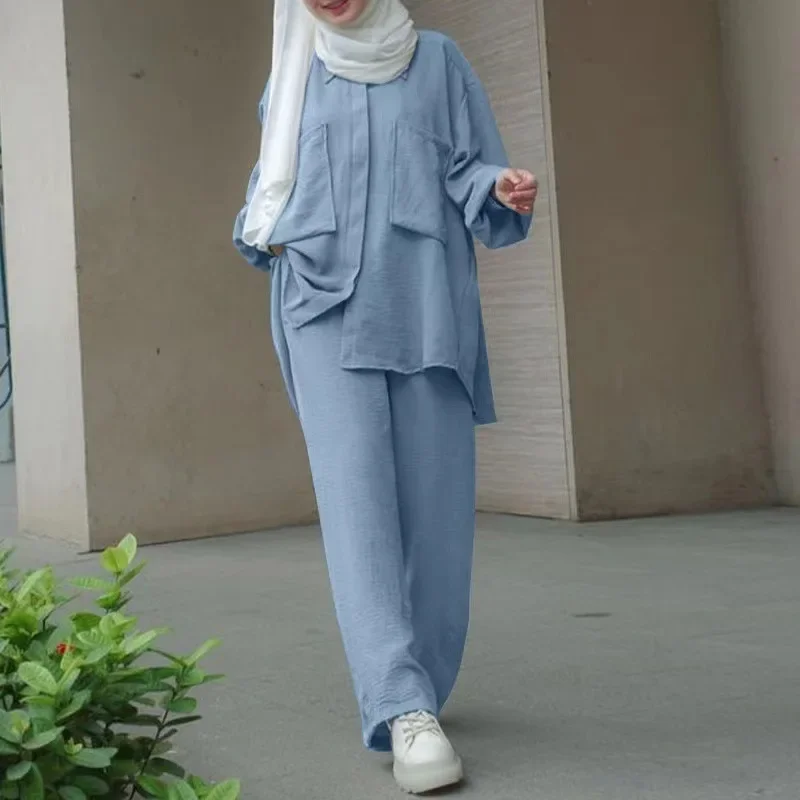 2024 Muslim Women Matching Sets Long Sleeve Solid Color Tops And Loose Pant Suits Elegant Fashion Casual Tracksuit Kaftan