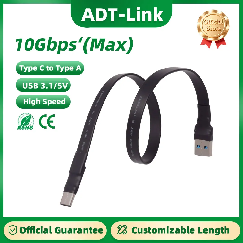 ADT-Link Type-A to Type-C USB 3.1 Flat Ribbon FFC Extension Cable GEN2 USB C to A FPV FPC Data Cable Slim 90 Angled Male Adapter