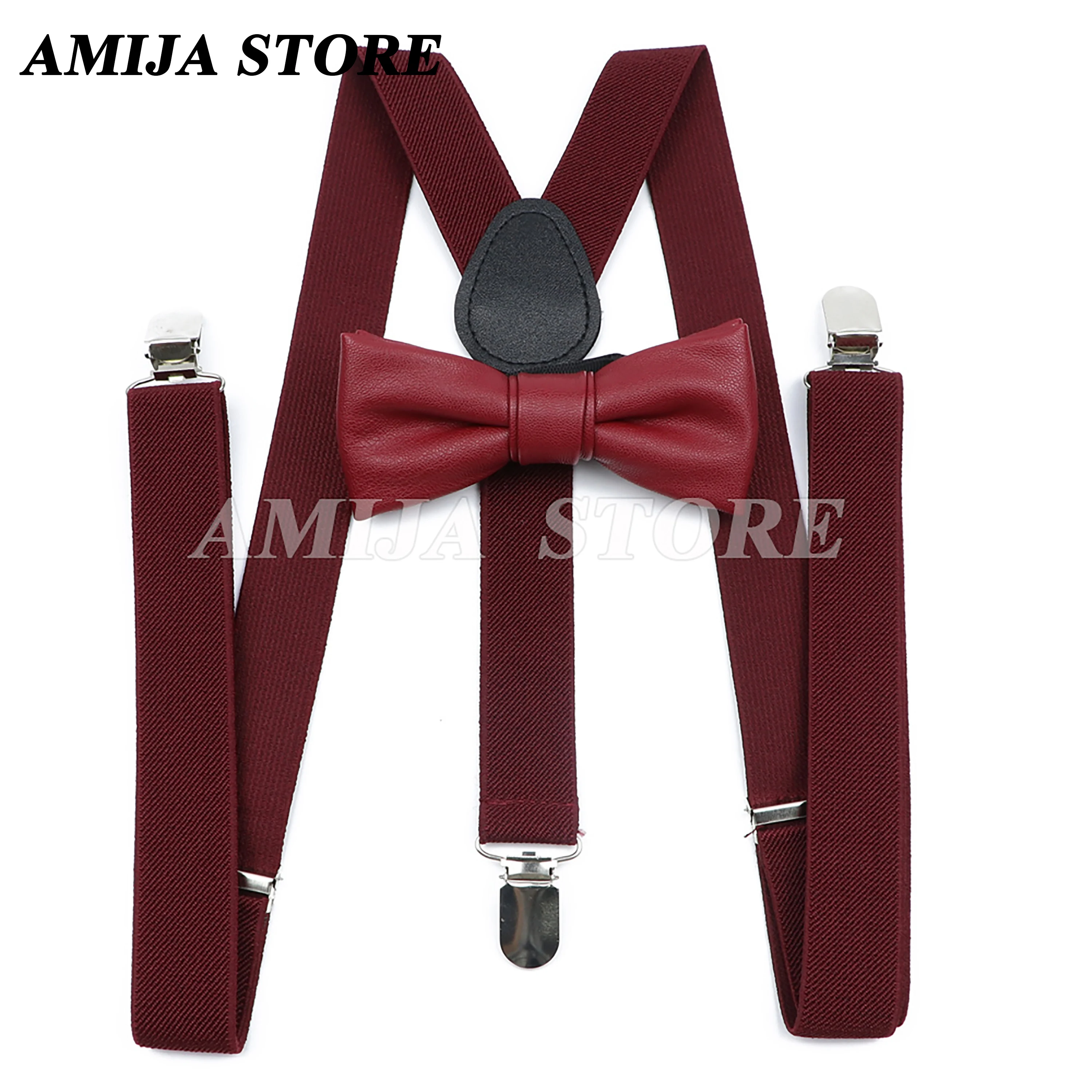 Fashion Unisex Suspender Set Soild Color Braces With PU Leather Bowtie Clip-on Elastic Y-back Mens Straps Butterfly Party Gift