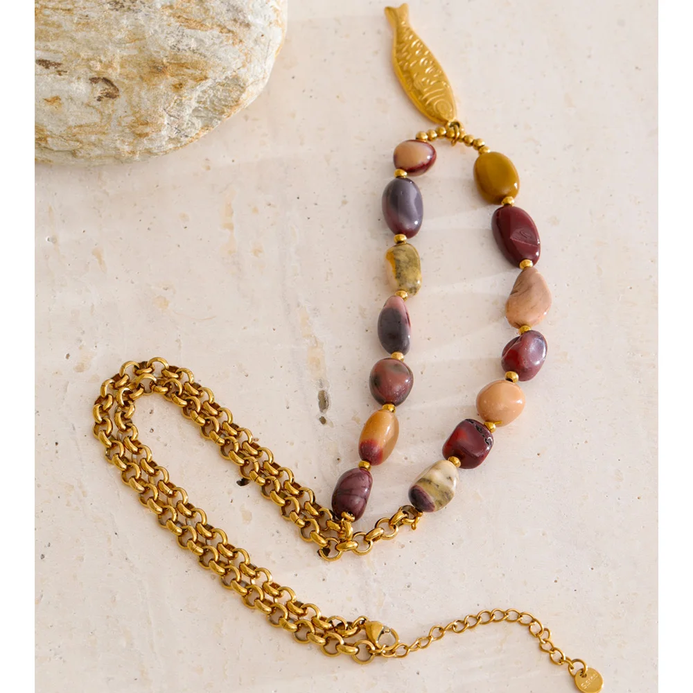 Natural Stone Beaded Fish Pendant Necklace - Stainless Steel Chain