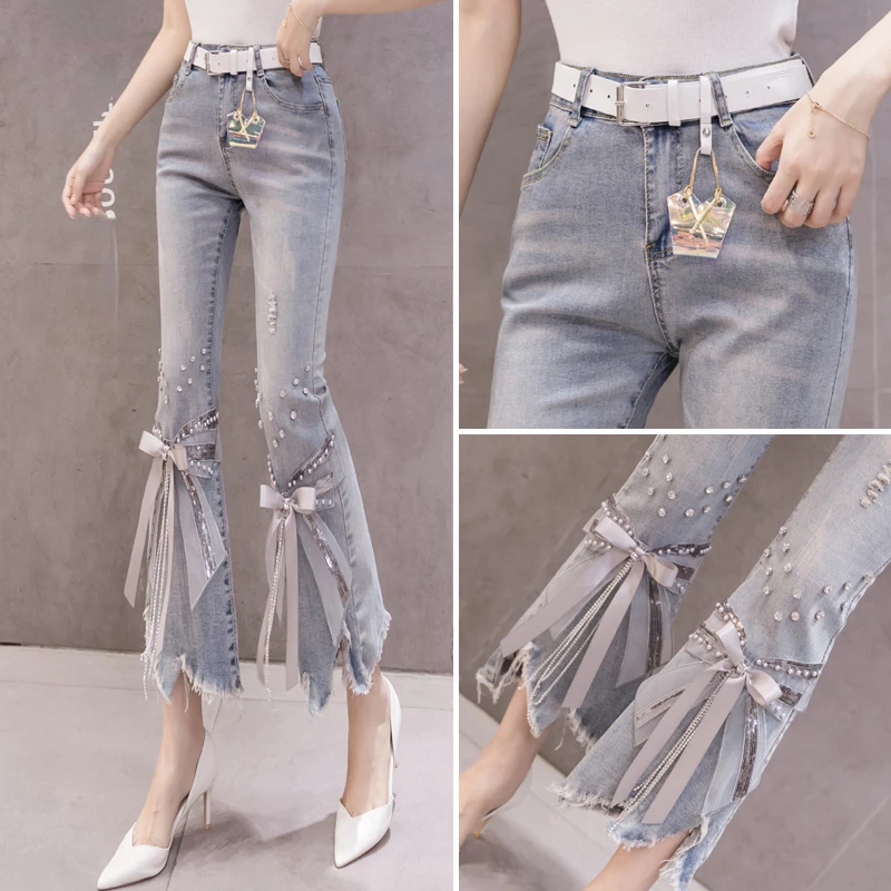 2024 summer women high waisted rhinestone butterfly ripped tassel flare jeans , korean slime woman caprics denim trousers