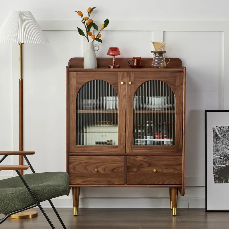 

dining side cabinet, Nordic black walnut living room glass storage cabinet, small apartment entrance locker