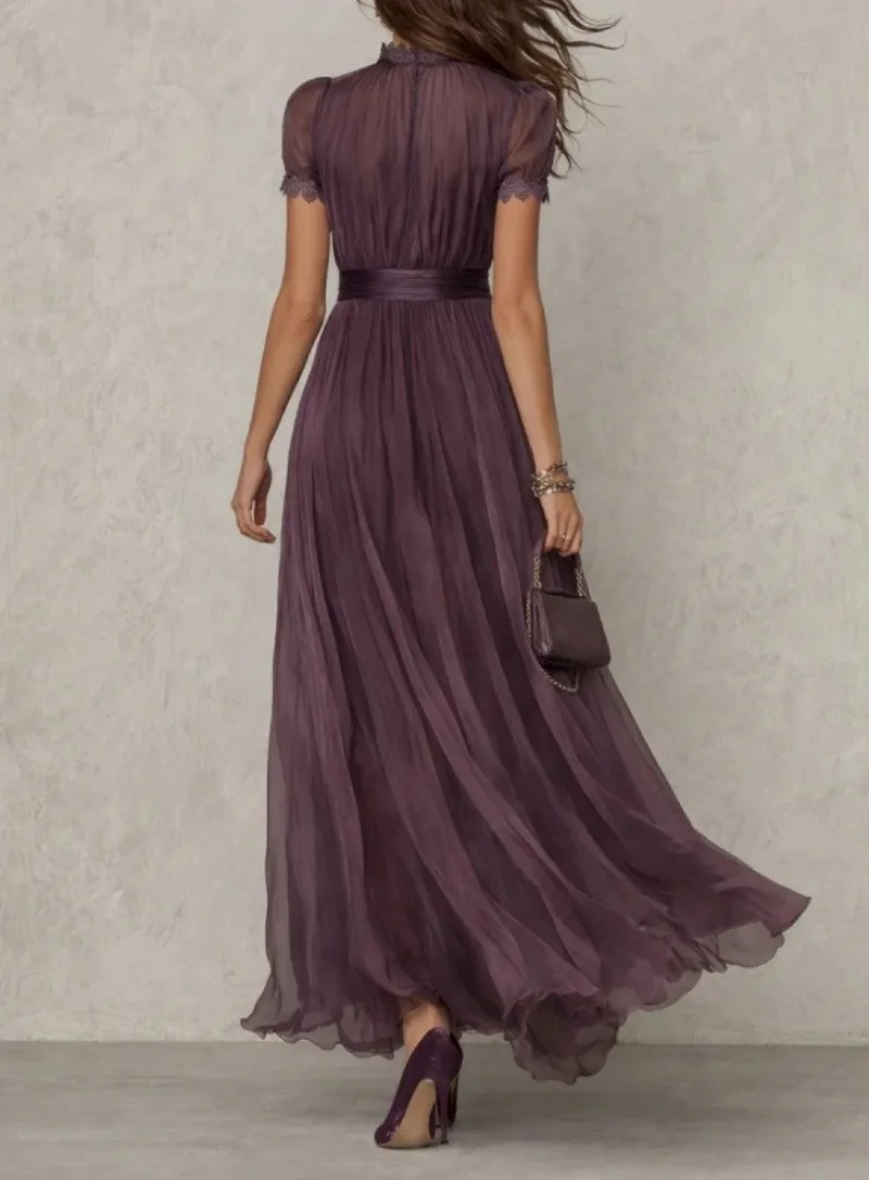 Elegant Chiffon Lace Trim Midi Dress Stand Collar Neck Puff Sleeve Cinched Waist Draped A Line Flowy Women's Casual Dresses