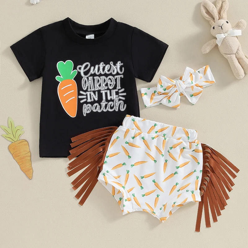 

Toddler Baby Girl Easter Outfit Summer Clothes Carrot Print Short Sleeve T-Shirt and Tassels Shorts Headband Set