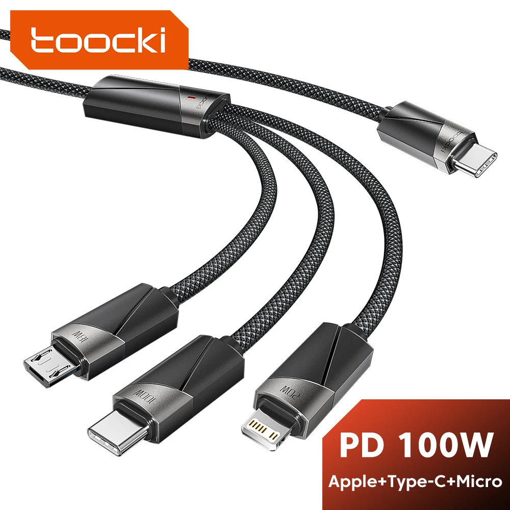 Toocki 100W 3 in 1 Cable USB C to Micro USB Type C Lightning Fast Charging Cable for iPhone 15 14 13 Samsung Xiaomi Honor Realme