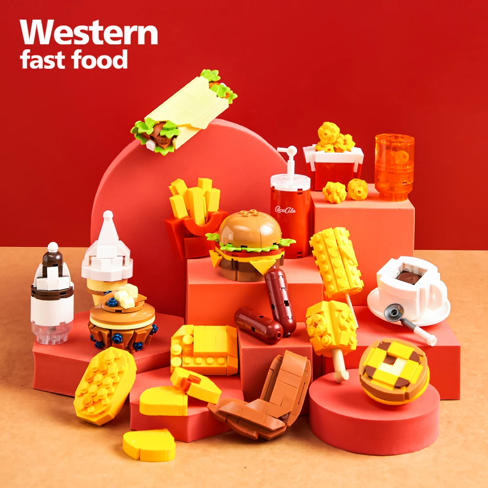 City food building accessories to play with friends,creative DIY food building block toys,including burger fries cola and more